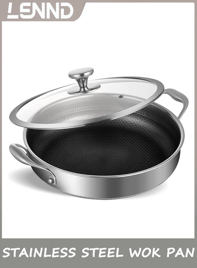 LENND Stainless Steel Wok pan, 32CM Hybrid Woks & Stir-fry Pans, Nonstick Cookware with Lid, Deep Frying Pan, Large Kadai Skillet, Saute Pan, Cooking Pot Compatible with All Cooktops, Dishwasher Safe - Image 1